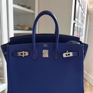 Hermès AUTHENTIC Blue Epsom Leather Birkin 25 Bag Silver Hardware RARE